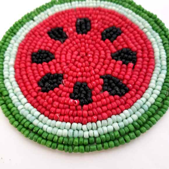 NEW!! (4) Watermelon Beaded 4" Round Red Summer Coasters, Set of 4 - Picture 3 of 6